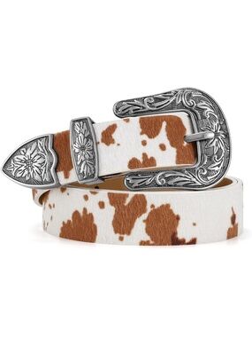 Cow Western Belt with Silver Floral Buckle